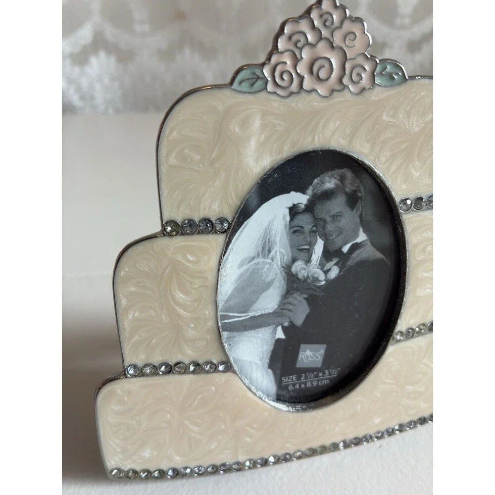 Russ Wedding Cake Frame | Vintage Wedding Gift Rhinestone Metal Couple Bouquet
